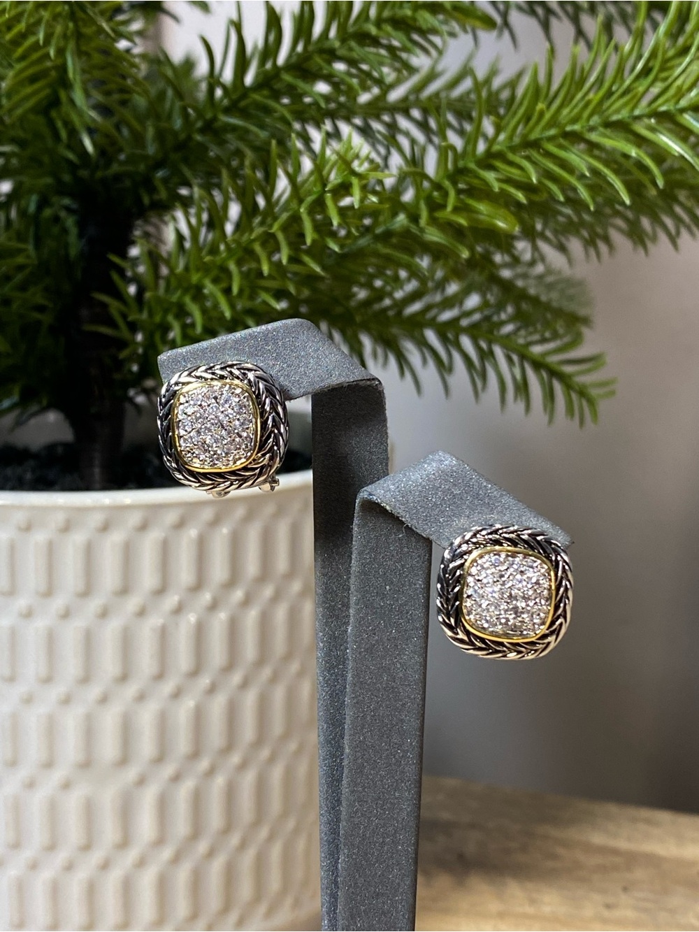 Pave Cushion Stud Vintage-style two-tone silver-tone and gold-tone pavé earrings